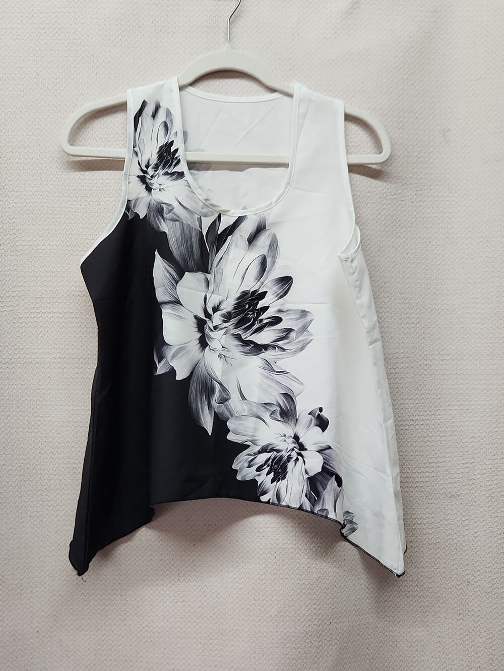 Floral Black & White Asymmetrical Tank Top
